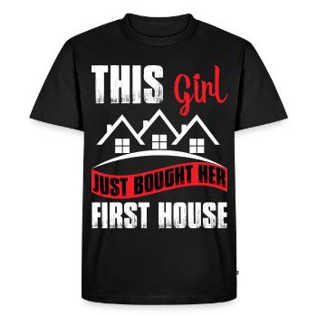 Nouvelle propriétaire Girl vient d’acheter sa première maison - T-shirt Premium bio Homme - noir - Devant - Nico (187cm)