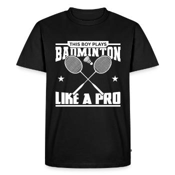 Un garçon joue comme un pro du badminton - T-shirt Premium bio Homme - noir - Devant - Nico (187cm)