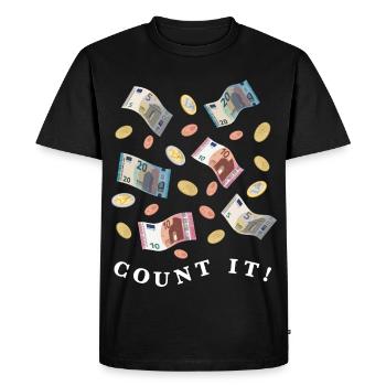 Montant d’argent en billets et pièces en euros, lumière - T-shirt Premium bio Homme - noir - Devant - Nico (187cm)