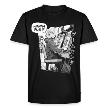 Arcade Anime Girl in Gaming Center « Veux-tu jouer ? » - T-shirt Premium bio Homme - noir - Devant - Nico (187cm)