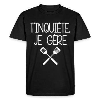 Aprlier Humour - "Don't worry, I'm managing" - Men's Premium Organic T-Shirt - black - Front - Nico (187cm)