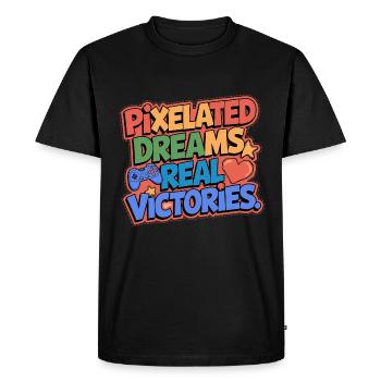 PIXELATED DREAMS, REAL VICTORIES, GAMING - Men's Premium Organic T-Shirt - black - Front - Nico (187cm)