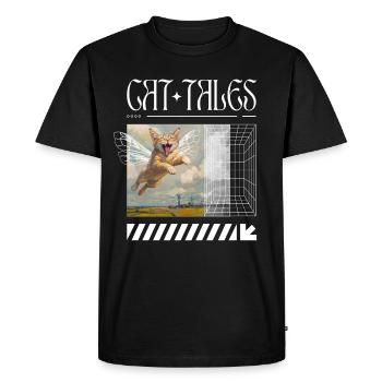 Cat Tales – Chat volant surréaliste - T-shirt Premium bio Homme - noir - Devant - Nico (187cm)