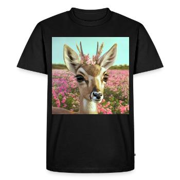 Deer with flower crown in spring meadow (AI-Art) - Men's Premium Organic T-Shirt - black - Front - Nico (187cm)