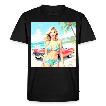 Femme sur la plage avec une voiture classique - T-shirt Premium bio Homme - noir - Devant - Nico (187cm)