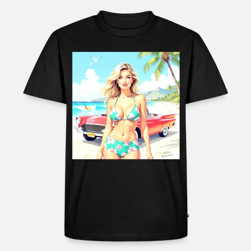 Frau am Strand mit Oldtimer - Männer Premium Bio T-Shirt - Schwarz