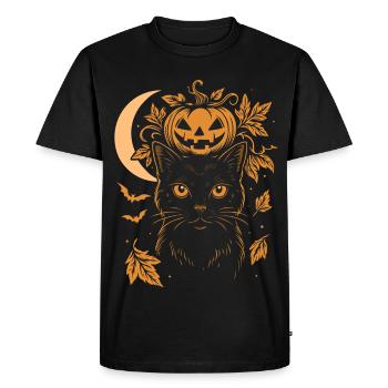 Halloween Cat with Pumpkin and Moon - Men's Premium Organic T-Shirt - black - Front - Nico (187cm)
