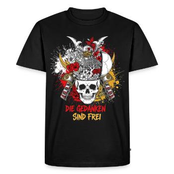 Crâne de samouraï et fleur - Les pensées sont libres - T-shirt Premium bio Homme - noir - Devant - Nico (187cm)