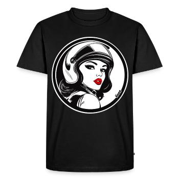 Femme de course rétro chic avec casque - T-shirt Premium bio Homme - noir - Devant - Nico (187cm)