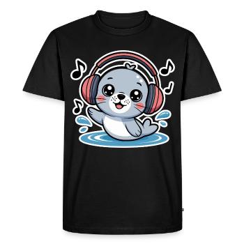 Cute seal with headphones and music notes - Men's Premium Organic T-Shirt - black - Front - Nico (187cm)