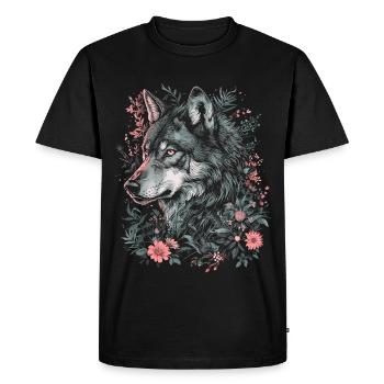 Loup Tête de loup Fleurs Plantes Nature Nature sauvage Art - T-shirt Premium bio Homme - noir - Devant - Nico (187cm)