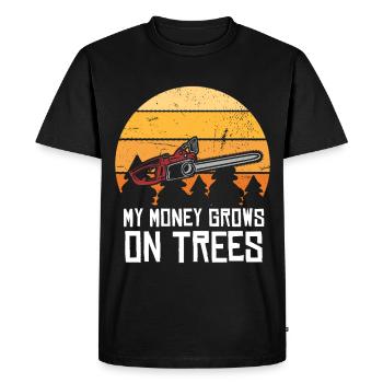 Money Grows on Trees – Chainsaw Joke - Men's Premium Organic T-Shirt - black - Front - Nico (187cm)