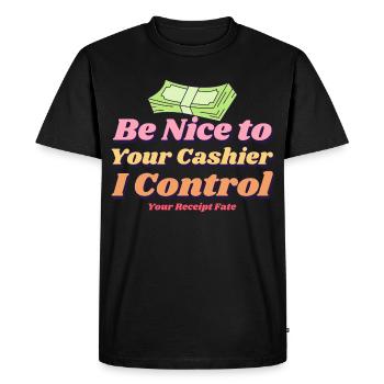 Soyez gentil avec votre caissier - T-shirt Premium bio Homme - noir - Devant - Nico (187cm)