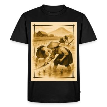 Champs, riz et agriculteurs, culture du riz à l’aube - T-shirt Premium bio Homme - noir - Devant - Nico (187cm)