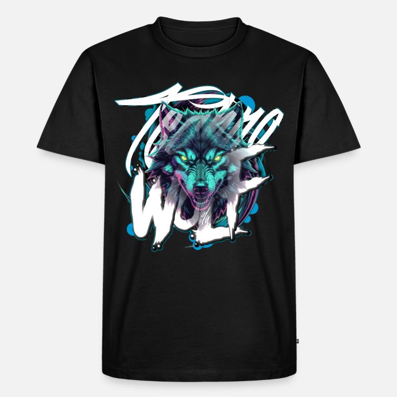 Neon Techno Wolf Head–Rave Wolf - Männer Premium Bio T-Shirt - Schwarz