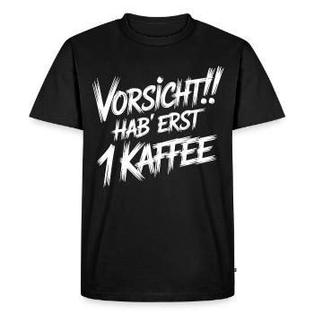 Attention : Premier café - T-shirt Premium bio Homme - noir - Devant - Nico (187cm)
