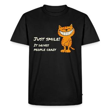 Just Smile – Cheeky grinning cat saying - Men's Premium Organic T-Shirt - black - Front - Nico (187cm)
