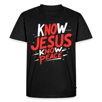 Know Jesus, know peace - Men's Premium Organic T-Shirt - black - Front - Nico (187cm)