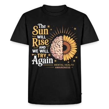 Le soleil se lève, on continue d’essayer - T-shirt Premium bio Homme - noir - Devant - Nico (187cm)