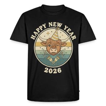 Chapeau drôle de fête du Nouvel An 2026 de la vache Highland - T-shirt Premium bio Homme - noir - Devant - Nico (187cm)