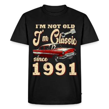 Pas vieille, je suis une voiture classique de 1991 - T-shirt Premium bio Homme - noir - Devant - Nico (187cm)