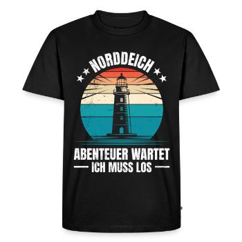Vacances en mer du Nord L’AVENTURE DU NORDDEICH VOUS ATTEND - T-shirt Premium bio Homme - noir - Devant - Nico (187cm)