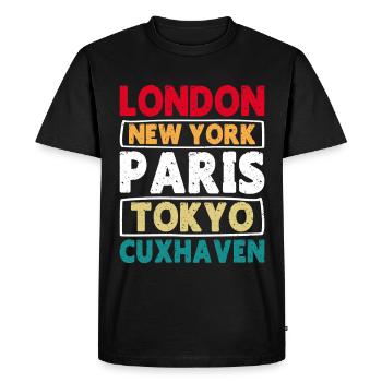 Mer du Nord LONDRES NEW YORK PARIS TOKYO CUXHAVEN - T-shirt Premium bio Homme - noir - Devant - Nico (187cm)