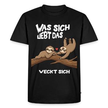 Amour lent sur l’arbre - Jeu de mots avec des paresseux - T-shirt Premium bio Homme - noir - Devant - Nico (187cm)