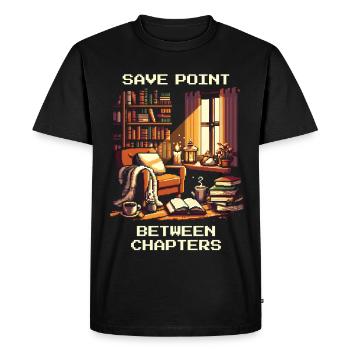 Point de sauvegarde entre les chapitres | Lecture, pause, lecture - T-shirt Premium bio Homme - noir - Devant - Nico (187cm)