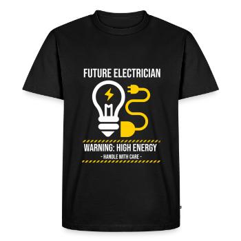 Avertissement : Haute énergie – futur électricien - T-shirt Premium bio Homme - noir - Devant - Nico (187cm)