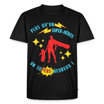 Plus qu’un super-héros, un supère-heureux - T-shirt Premium bio Homme - noir - Devant - Nico (187cm)