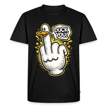 Baisse-toi ! Motif de doigt d’honneur en canard malicieux - T-shirt Premium bio Homme - noir - Devant - Nico (187cm)