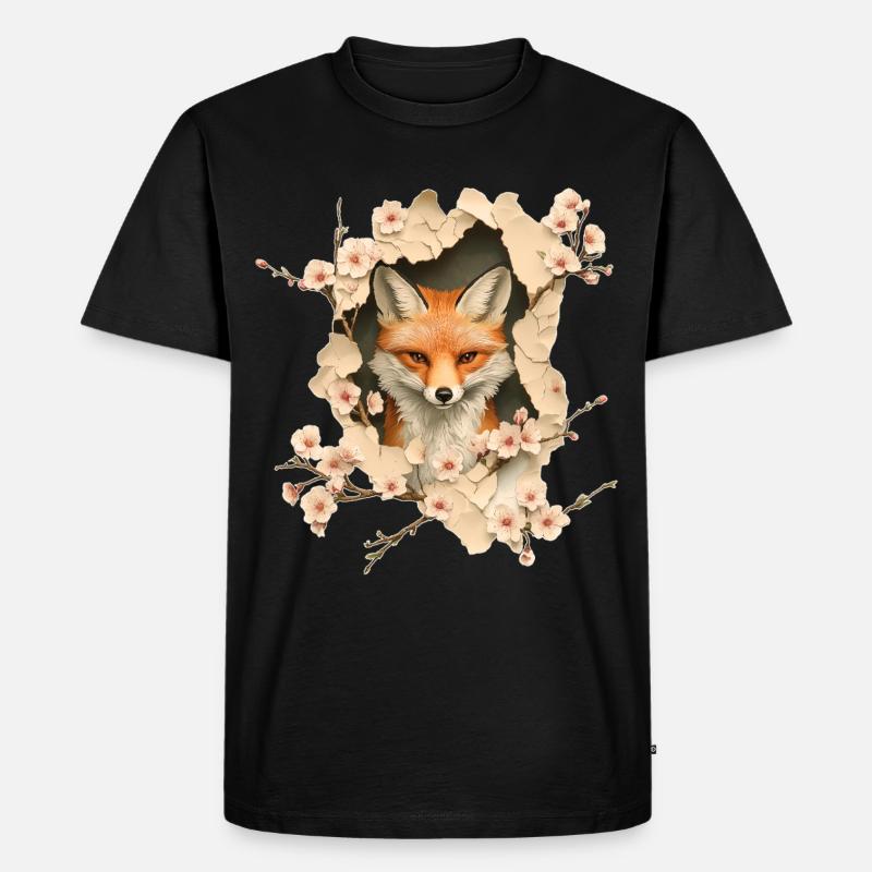 Fuchs mit Kirschblüten - Männer Premium Bio T-Shirt - Schwarz