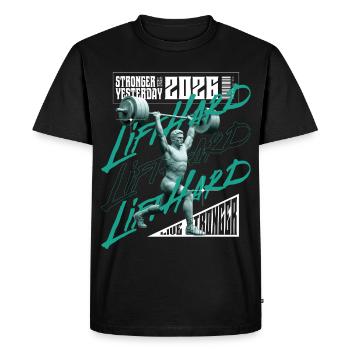Weight lifting man, purple pink light version - Men's Premium Organic T-Shirt - black - Front - Nico (187cm)