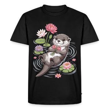 T-shirt Loutre avec des nénuphars – Motif animal mignon - T-shirt Premium bio Homme - noir - Devant - Nico (187cm)