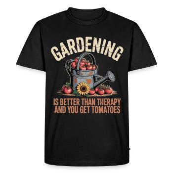 Chemise de jardinier amateur arrosant tomates et tournesol - T-shirt Premium bio Homme - noir - Devant - Nico (187cm)