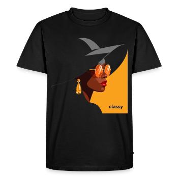 Femme élégante avec chapeau et lunettes de soleil - T-shirt Premium bio Homme - noir - Devant - Nico (187cm)