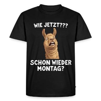 Funny llama: What now? Monday again? - Men's Premium Organic T-Shirt - black - Front - Nico (187cm)