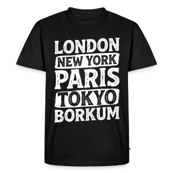 Borkumer LONDRES NEW YORK PARIS TOKYO Drôle - T-shirt Premium bio Homme - noir - Devant - Nico (187cm)