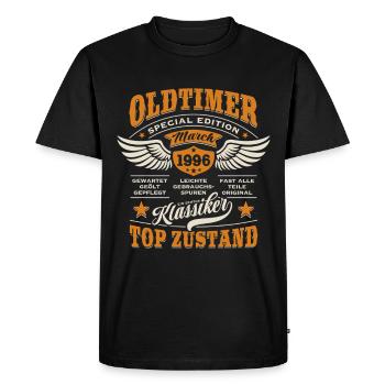 Oldtimer mars 1996 - Anniversaire - Cadeau - T-shirt Premium bio Homme - noir - Devant - Nico (187cm)