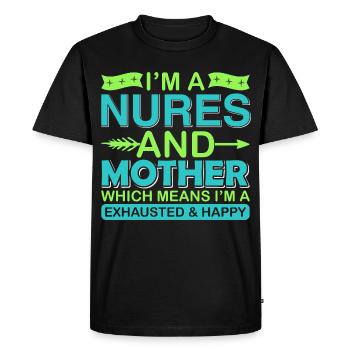 Infirmière et mère – Chemise épuisée mais heureuse - T-shirt Premium bio Homme - noir - Devant - Nico (187cm)