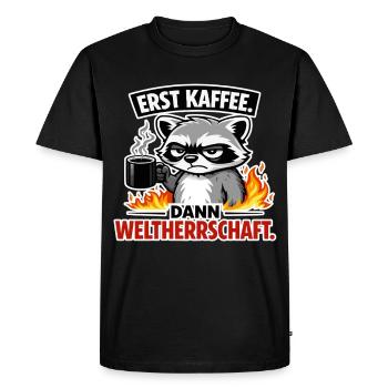 D’abord le café, puis la domination mondiale - T-shirt Premium bio Homme - noir - Devant - Nico (187cm)