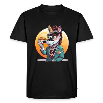 Unicorn in a suit with pie - Men's Premium Organic T-Shirt - black - Front - Nico (187cm)