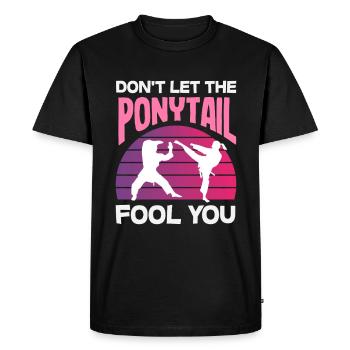 Never Underestimate The Ponytail Karate Girl - Men's Premium Organic T-Shirt - black - Front - Nico (187cm)