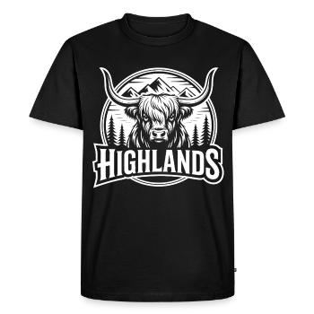 Highland cow in front of mountain landscape - Men's Premium Organic T-Shirt - black - Front - Nico (187cm)