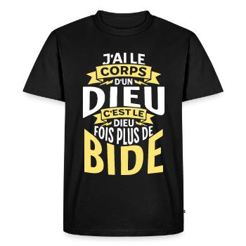 Corps d'un Dieu fois plus de bide - humour ventre - T-shirt Premium bio Homme - noir - Devant - Nico (187cm)