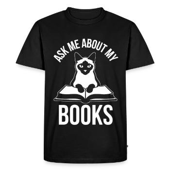 Drôle de design de chat : Demande-moi des histoires de mes livres - T-shirt Premium bio Homme - noir - Devant - Nico (187cm)