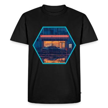 Retro 80s JDM Hatchback Neon Konbini Hex Emblem - Men's Premium Organic T-Shirt - black - Front - Nico (187cm)