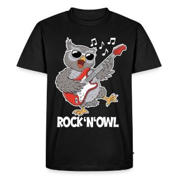 Rock N’Owl – Owl avec guitare électrique - T-shirt Premium bio Homme - noir - Devant - Nico (187cm)
