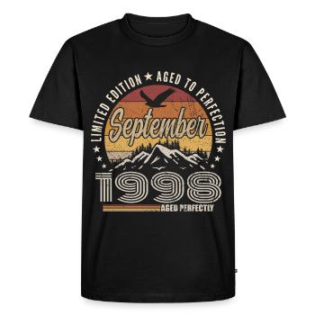 Né en Septembre 1998 - Anniversaire Septembre 1998 - T-shirt Premium bio Homme - noir - Devant - Nico (187cm)
